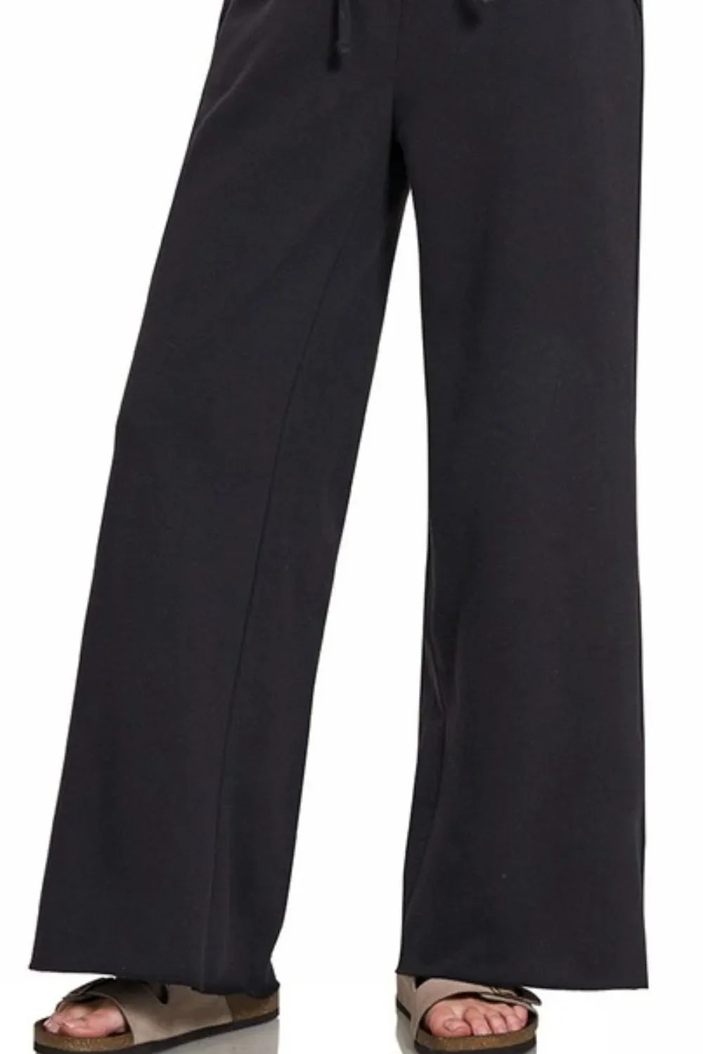 Black Wide Leg Pants – Soft Cotton Blend, Drawstring & Pockets